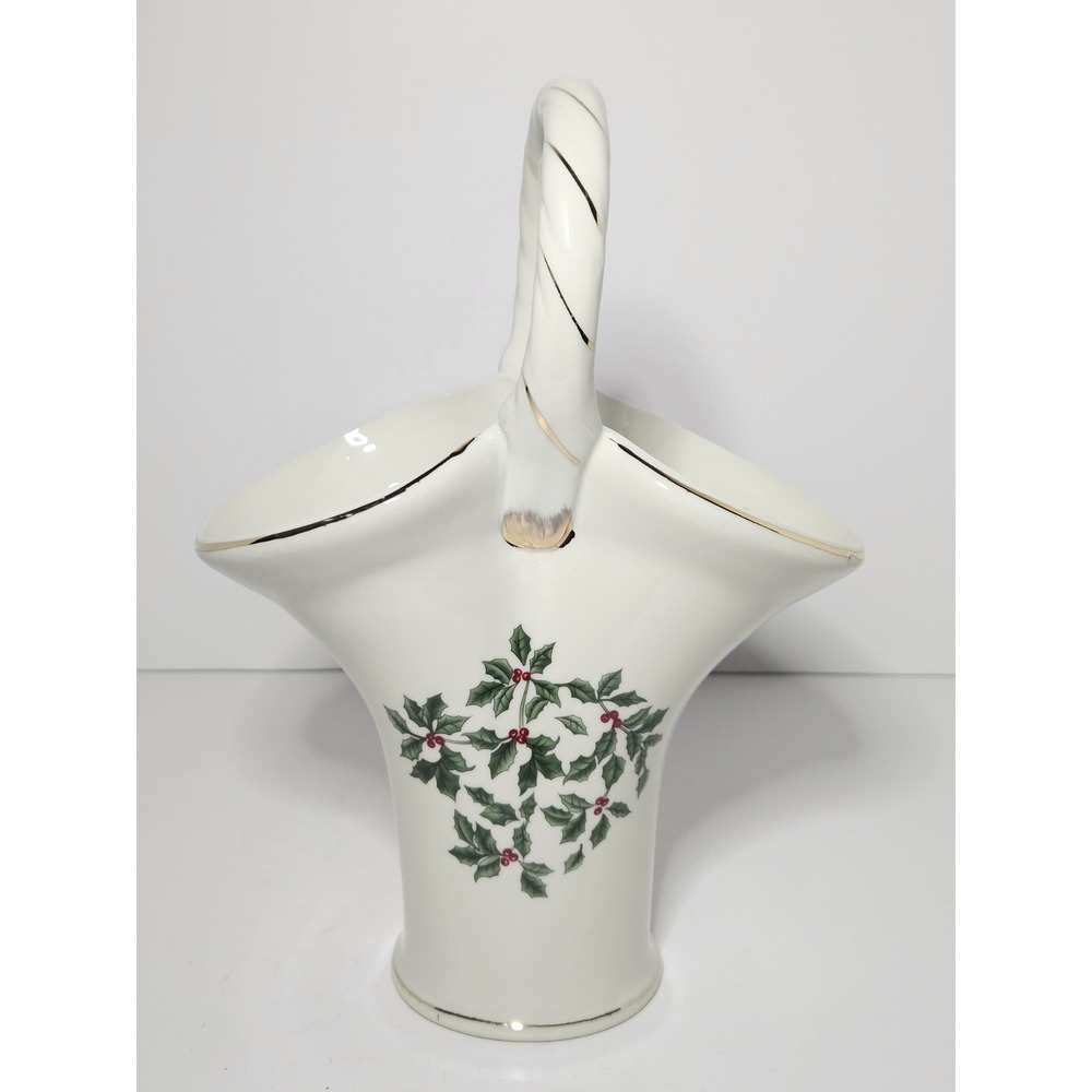 Essex Mfg Winter Holly Berry Basket Vase Porcelain Ivory Gold Trim 9.5" x 6.5"